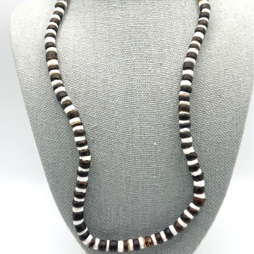 Vintage Shell and Wood Bead Necklace Brown White Puka Coconut 15 Inch